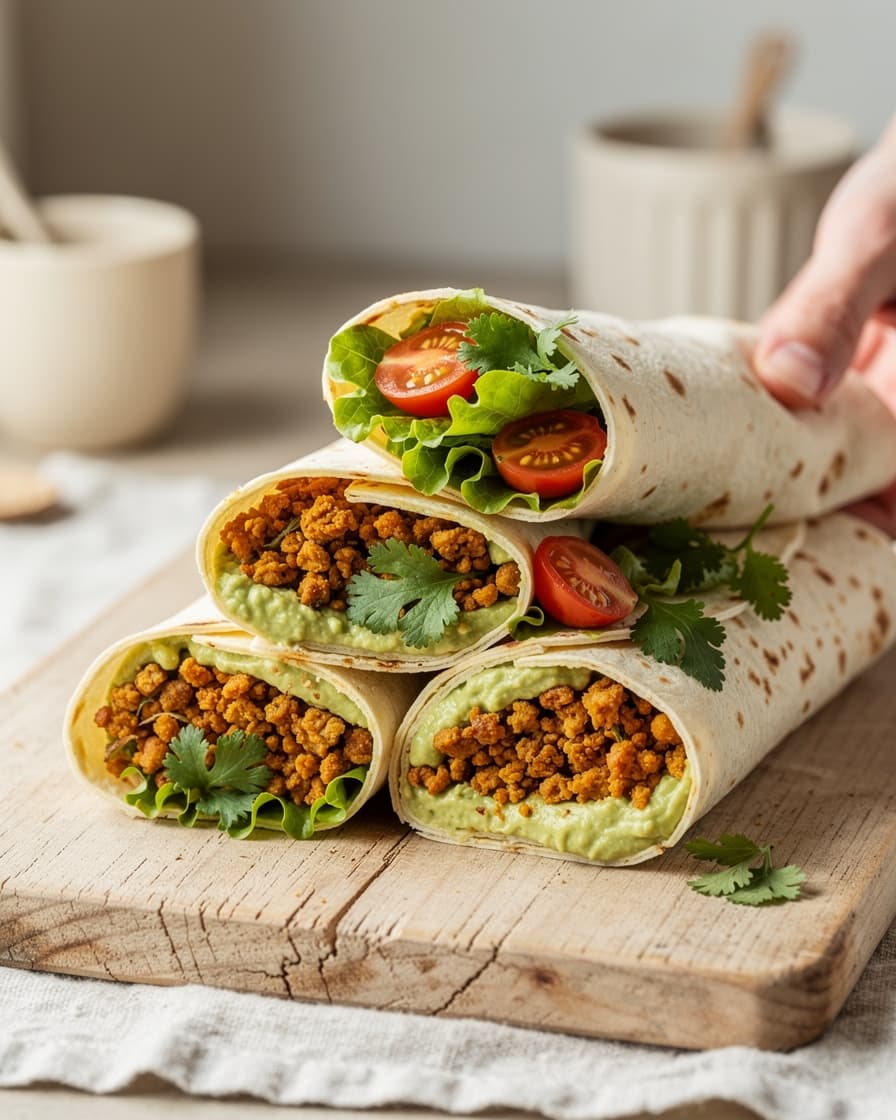 Steg 5: Bred limekrämen på tortillabröden, fyll med sojafärs, sallad, tomater och koriander. Rulla ihop och servera direkt.
