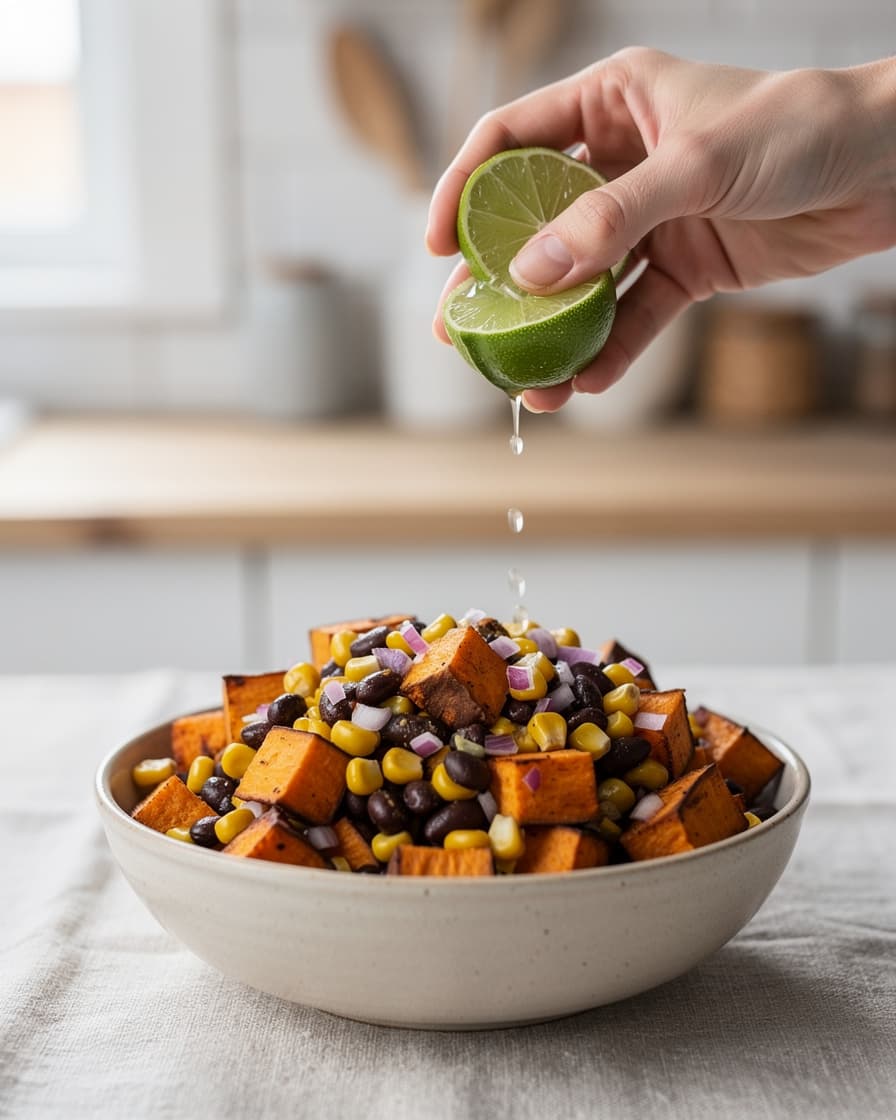 Steg 3: Skölj bönorna och låt dem rinna av. Blanda svarta bönor, majs och finhackad rödlök i en skål. Vänd ner den varma sötpotatisen och pressa över saften från limefrukterna. Smaka av med salt.