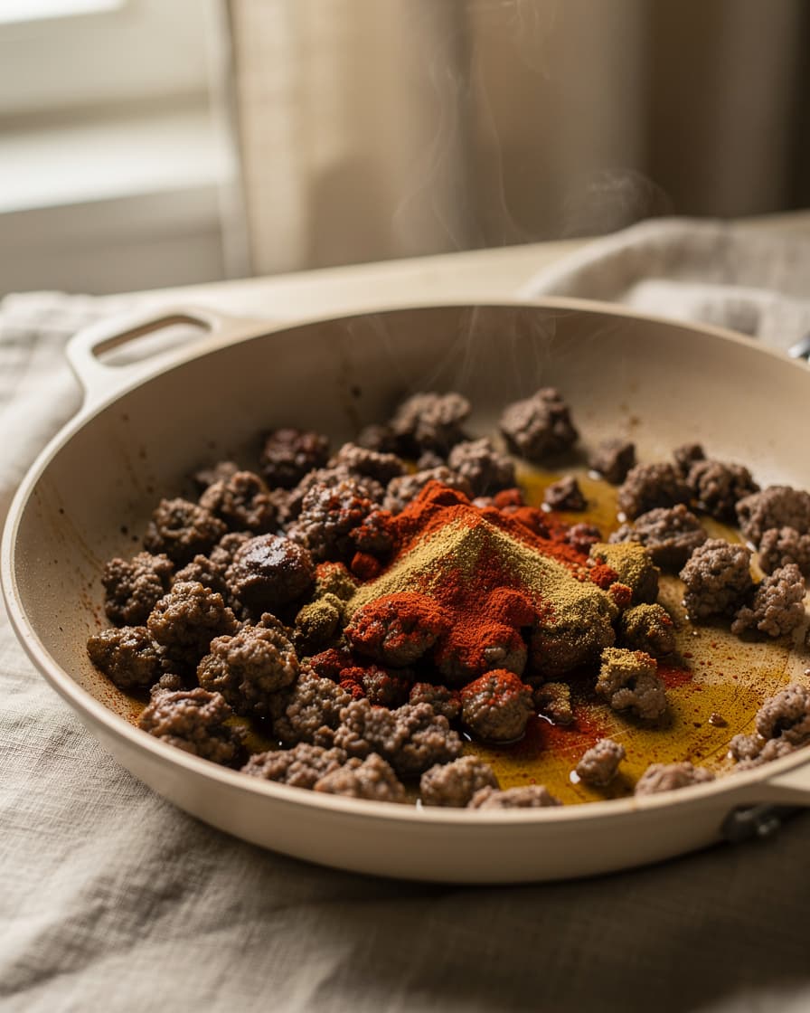 Steg 2: Stek nötfärsen smulig i en het torr panna. Krydda med spiskummin, paprikapulver, resten av saltet och svartpeppar och stek tills färsen fått fin stekyta.