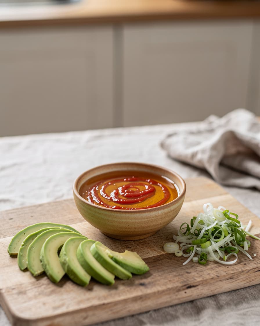 Steg 3: Rör ihop honung och sriracha till en stark honung. Skiva avokadon och strimla salladslöken.