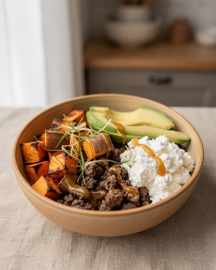 Steg 4: Fördela sötpotatis, färs, keso och avokado i skålar. Ringla den starka honungen över och toppa med salladslök.