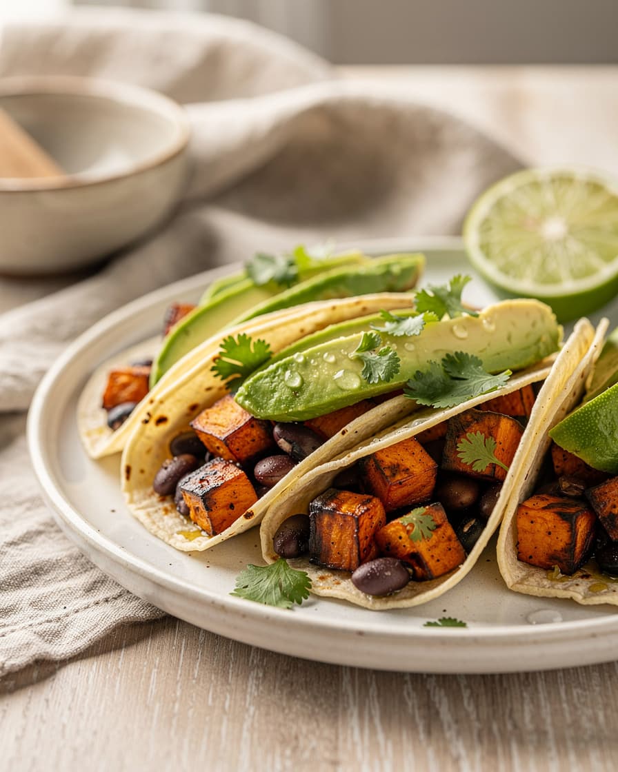 Steg 5: Fyll tortillabröden med sötpotatis och bönor, toppa med skivad avokado och koriander och pressa över lime.