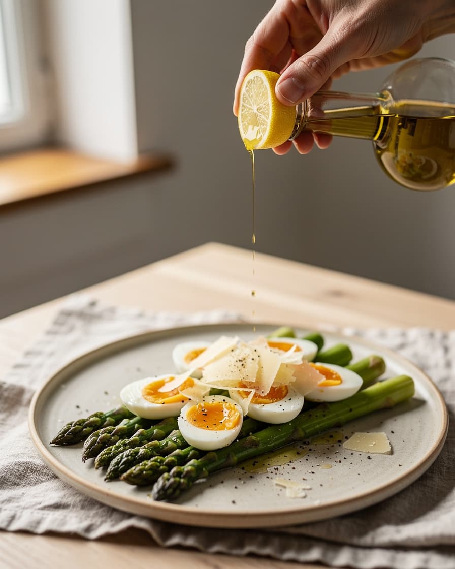 Steg 4: Pressa över citron, ringla över resten av olivoljan och krydda med salt och svartpeppar. Hyvla parmesan över och servera ljummen.