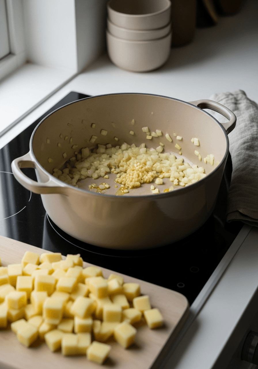 Steg 2: Hacka lök och vitlök, skala och tärna potatisen. Fräs löken mjuk i olivoljan i en stor kastrull utan att den tar färg.