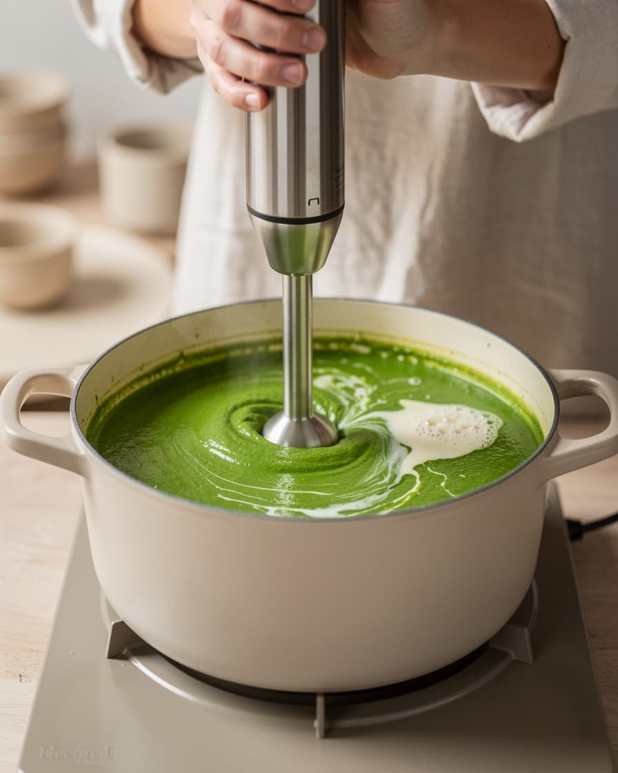 Steg 4: Tillsätt spenat och havredryck. Mixa soppan slät med stavmixer och smaka av med citronsaft, salt och svartpeppar.