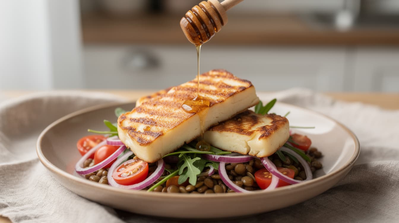 Foto: Stekt halloumi med linssallad och honung