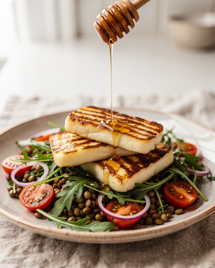 Foto: Stekt halloumi med linssallad och honung