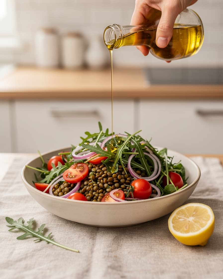 Steg 1: Blanda linser, ruccola, halverade tomater och tunt skivad rödlök i en skål. Vänd i olivolja och pressad citron.