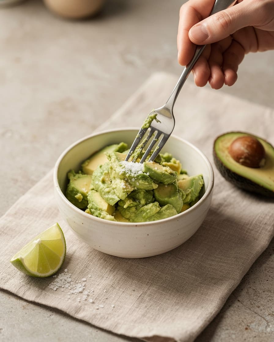 Steg 4: Mosa avokadon med pressad lime och en nypa salt till ett grovt mos.