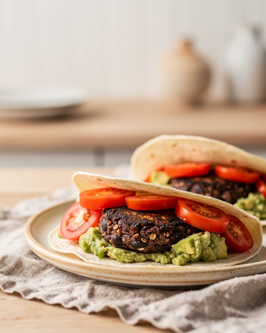 Steg 5: Värm tortillabröden i en torr stekpanna. Bygg burgarna med avokadomos, biffar och tomatskivor.