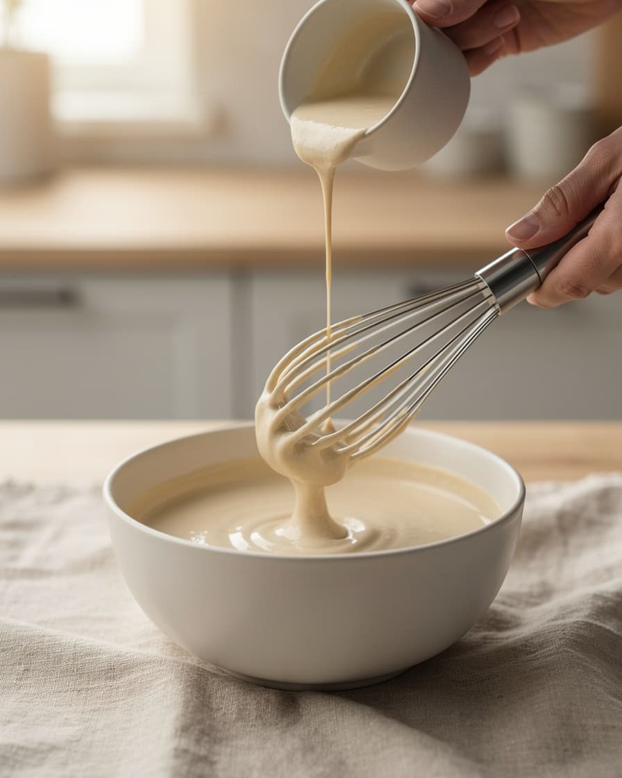 Steg 2: Vispa i vattnet lite i taget. Dressingen vänder plötsligt och blir ljus, slät och rinnig — ungefär som tunn yoghurt i konsistensen.