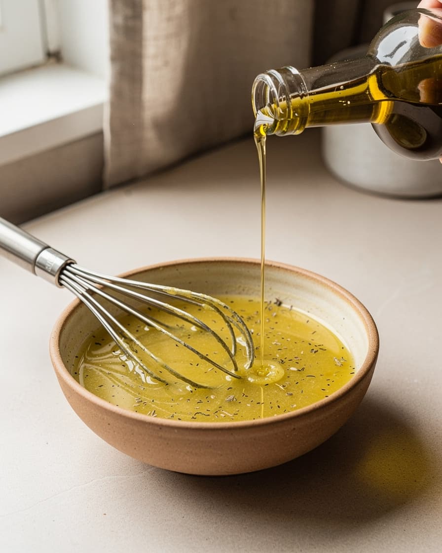 Steg 2: Vispa ihop olivolja, citronsaft, dijonsenap, oregano, salt och svartpeppar till en vinägrett i en liten skål.