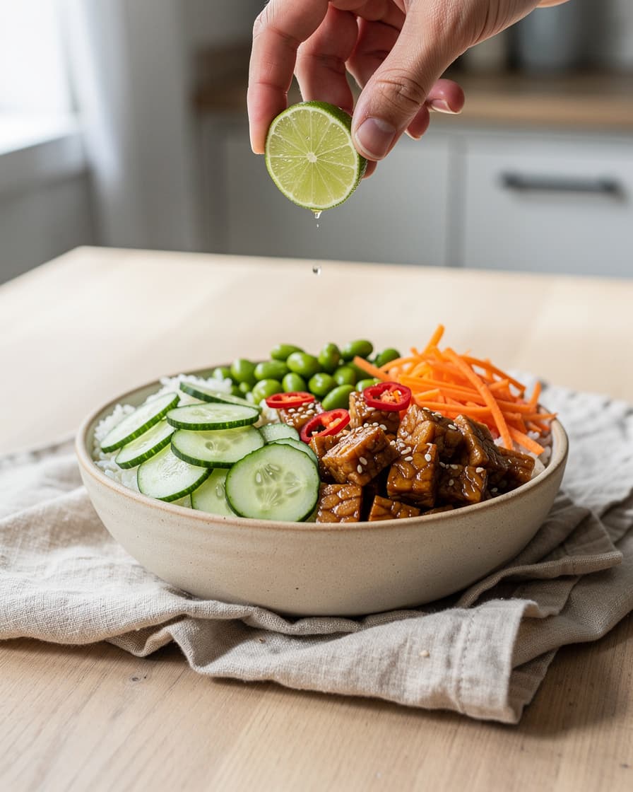 Steg 5: Fördela riset i skålar och toppa med tempeh, edamame, morot och gurka. Strö över sesamfrön, pressa över lime och toppa med skivad chili.