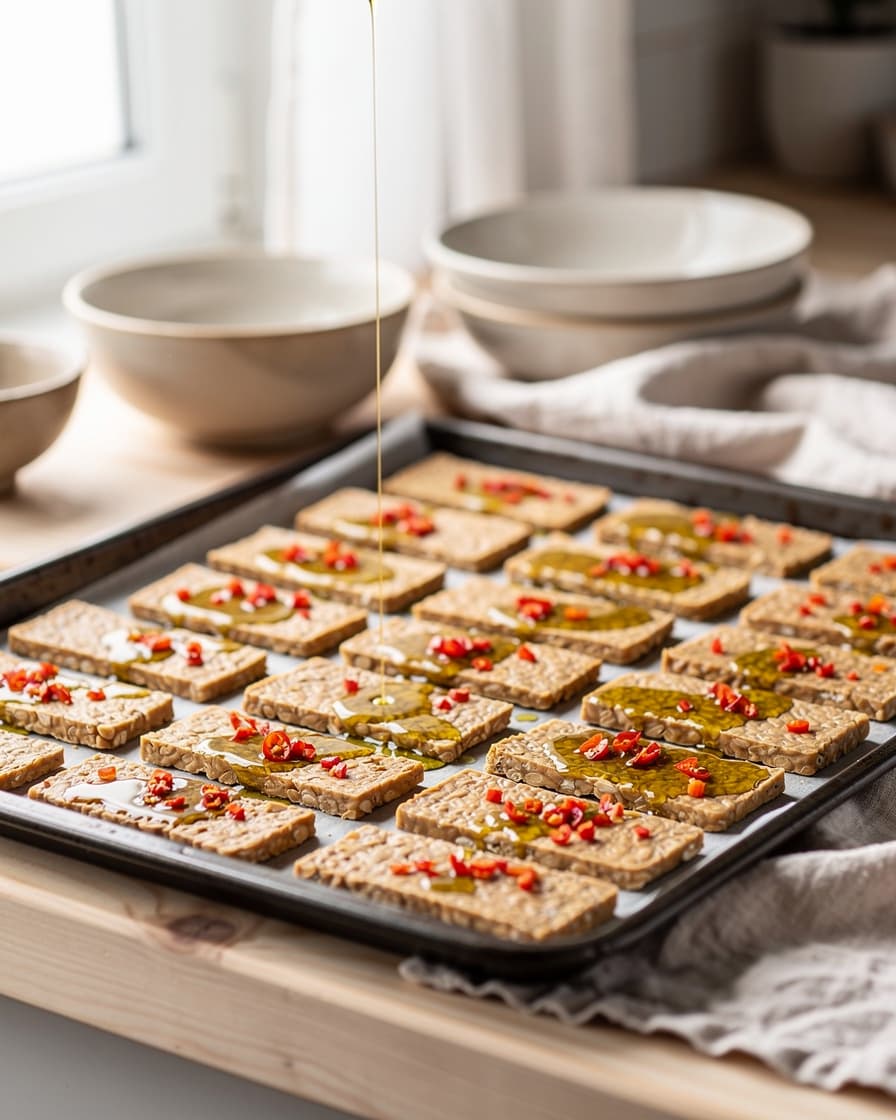 Steg 2: Lägg skivorna på en plåt med bakplåtspapper, ringla över olivolja och strö över finhackad chili och salt.