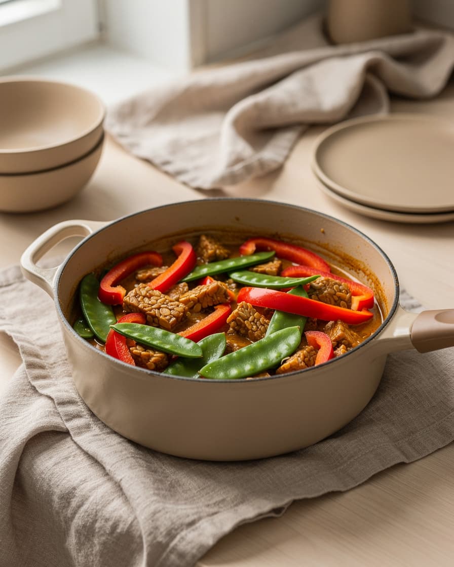 Steg 4: Strimla paprikan. Lägg ner paprika och sockerärtor i grytan de sista 3–4 minuterna så de fortfarande har tuggmotstånd.