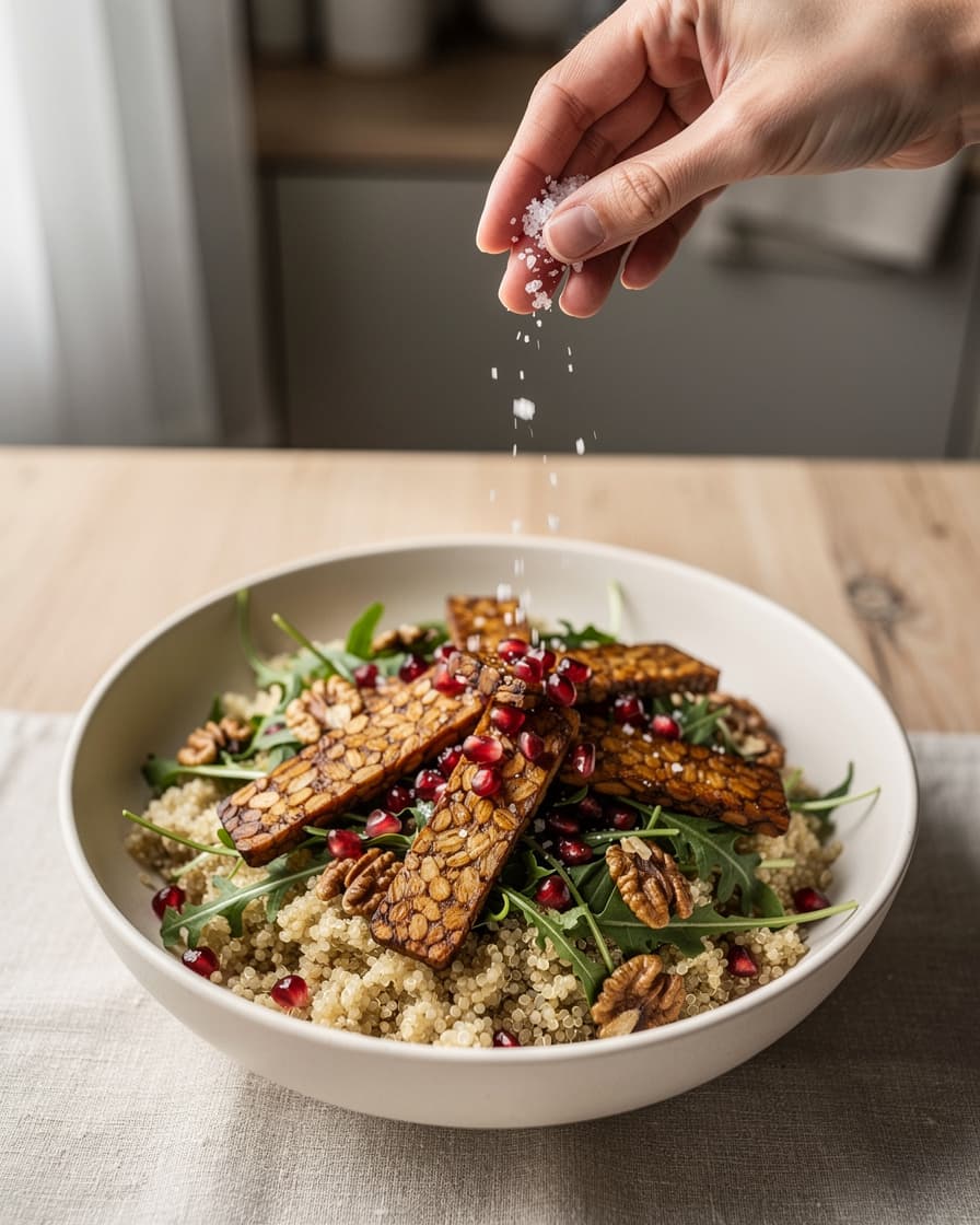 Steg 5: Blanda quinoa och ruccola i en skål, toppa med tempehskivorna, granatäpplekärnor och valnötter. Smaka av med salt.