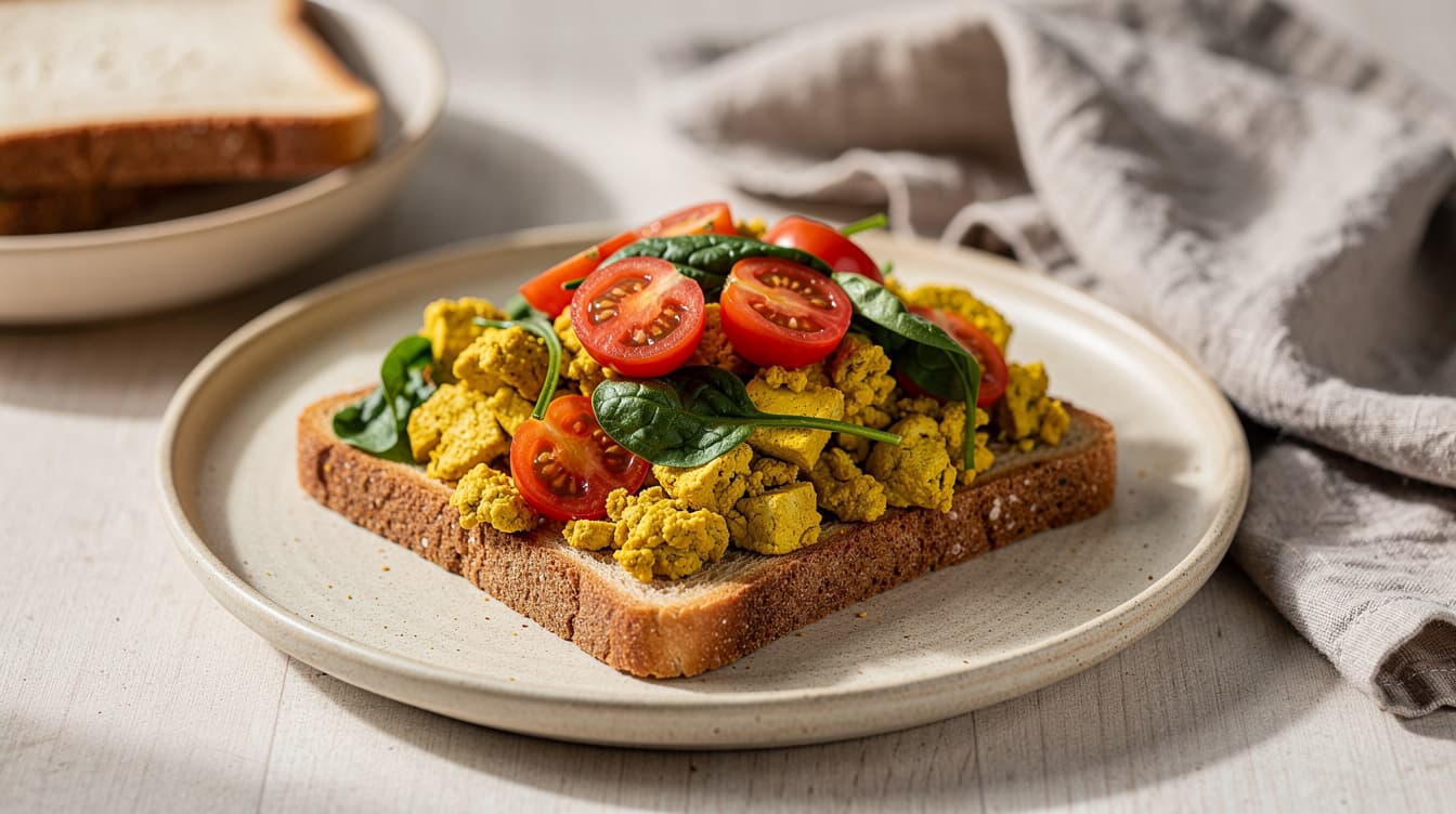 Foto: Tofuscramble med rostat surdegsbröd