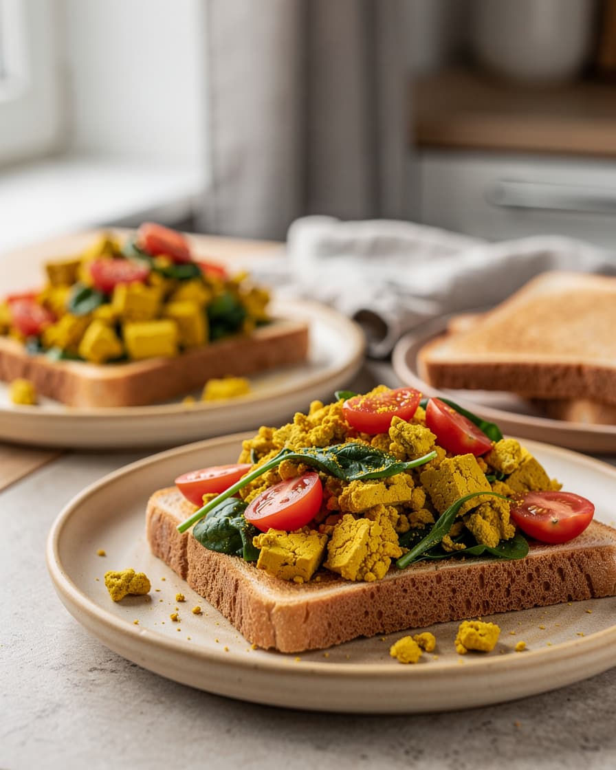 Foto: Tofuscramble med rostat surdegsbröd