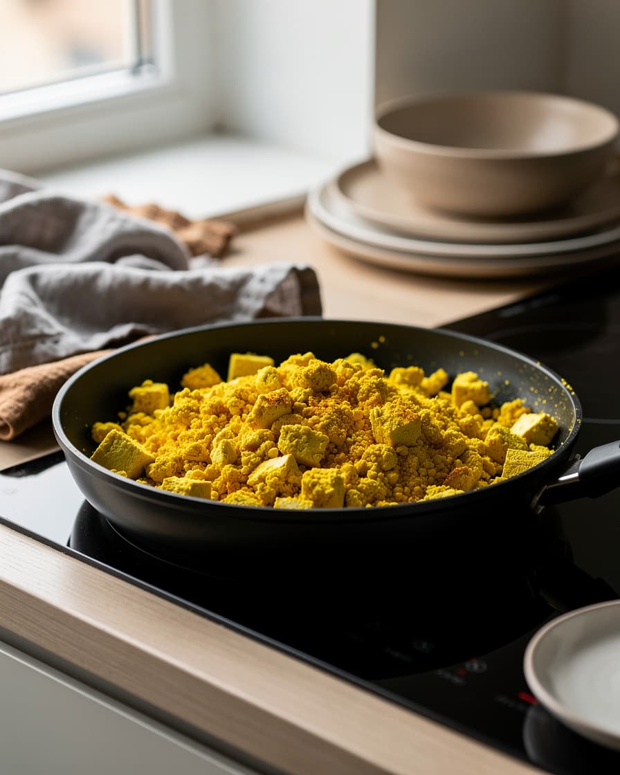 Steg 2: Hetta upp olivoljan i en panna. Stek tofun med curry och näringsjäst på medelvärme 6–7 minuter tills den blir gyllengul och lätt torr i ytan, precis som äggröra.