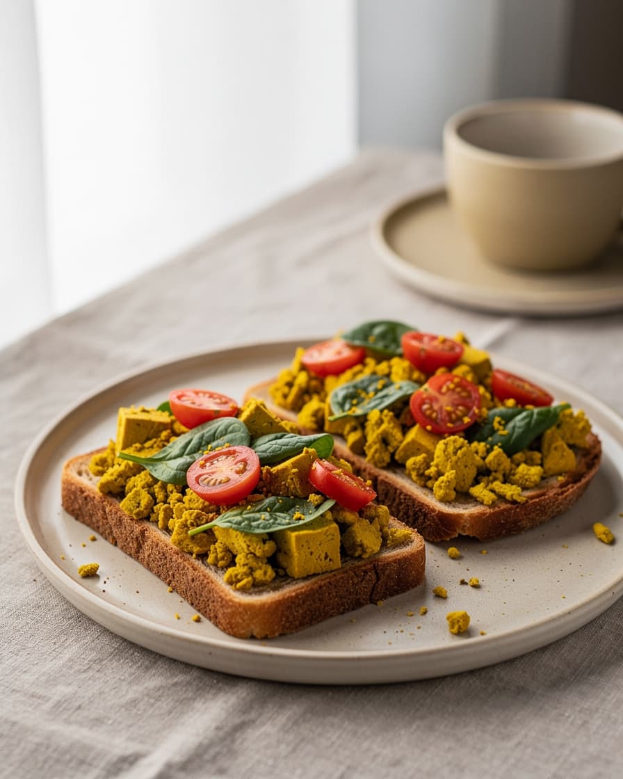 Steg 5: Lägg upp tofuscramblen på det rostade brödet och servera genast.