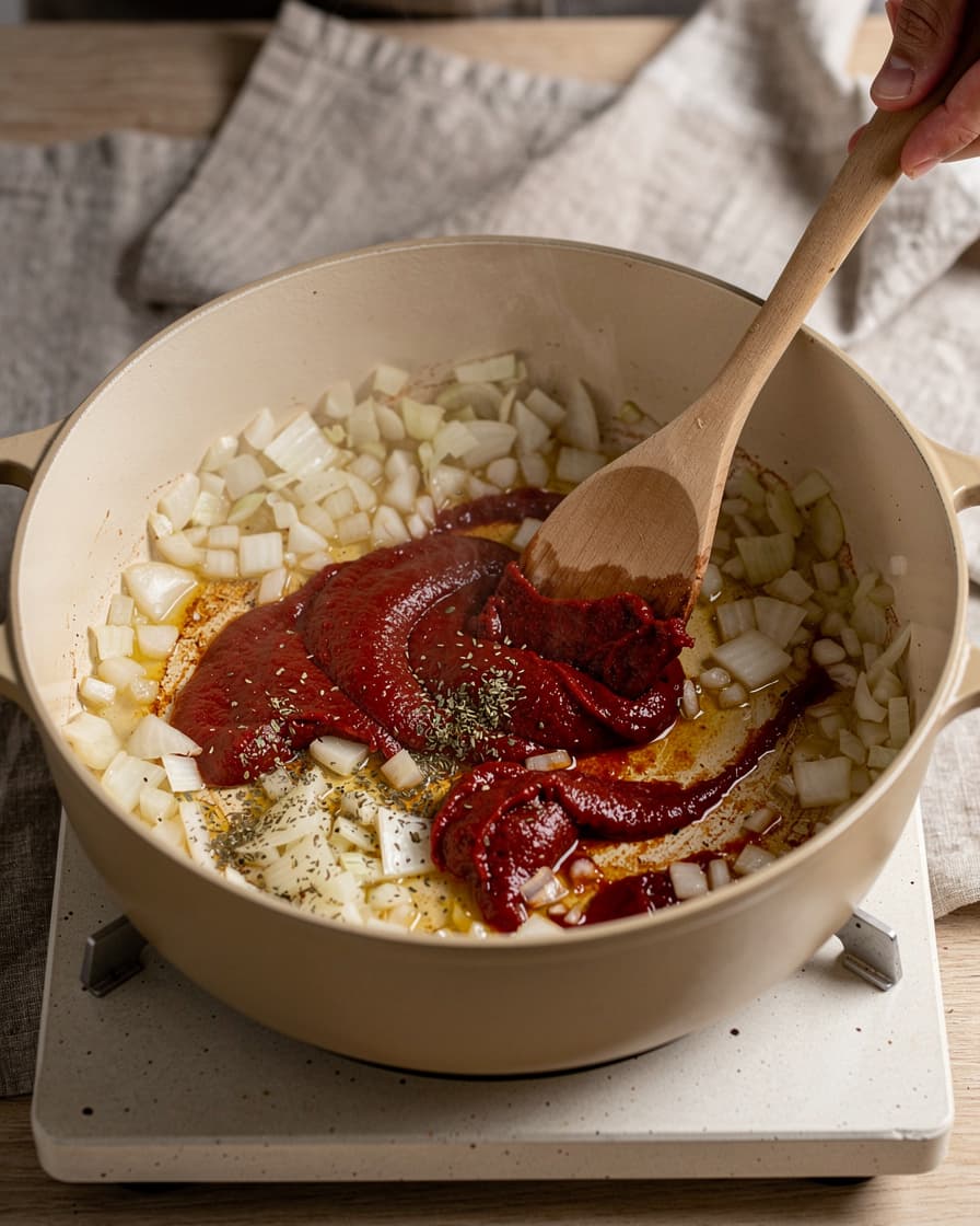 Steg 2: Rör i tomatpuré och oregano och fräs en minut till.