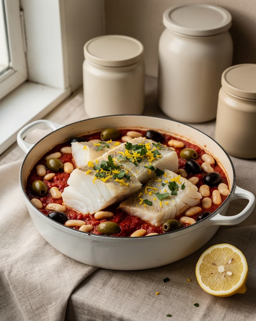 Foto: Torsk i tomatgryta med vita bönor och oliver