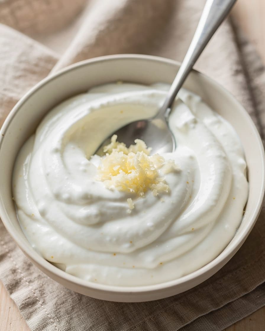 Steg 1: Rör ihop kvarg, turkisk yoghurt, riven vitlök och salt. Bred ut blandningen i två djupa skålar och låt stå framme så den inte är kylskåpskall.