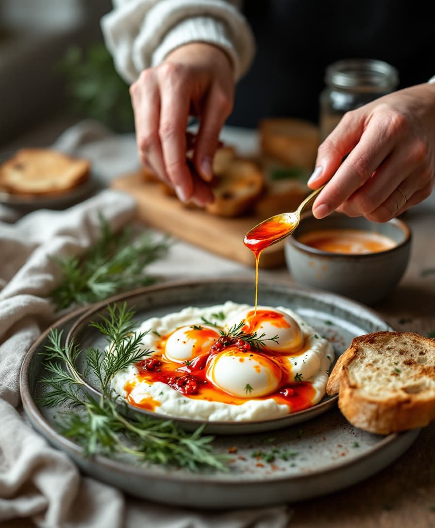 Steg 5: Lägg de pocherade äggen på kvargbädden och ringla det röda chilismöret över så det blommar ut i det vita. Toppa med dill och servera genast med det rostade surdegsbrödet.