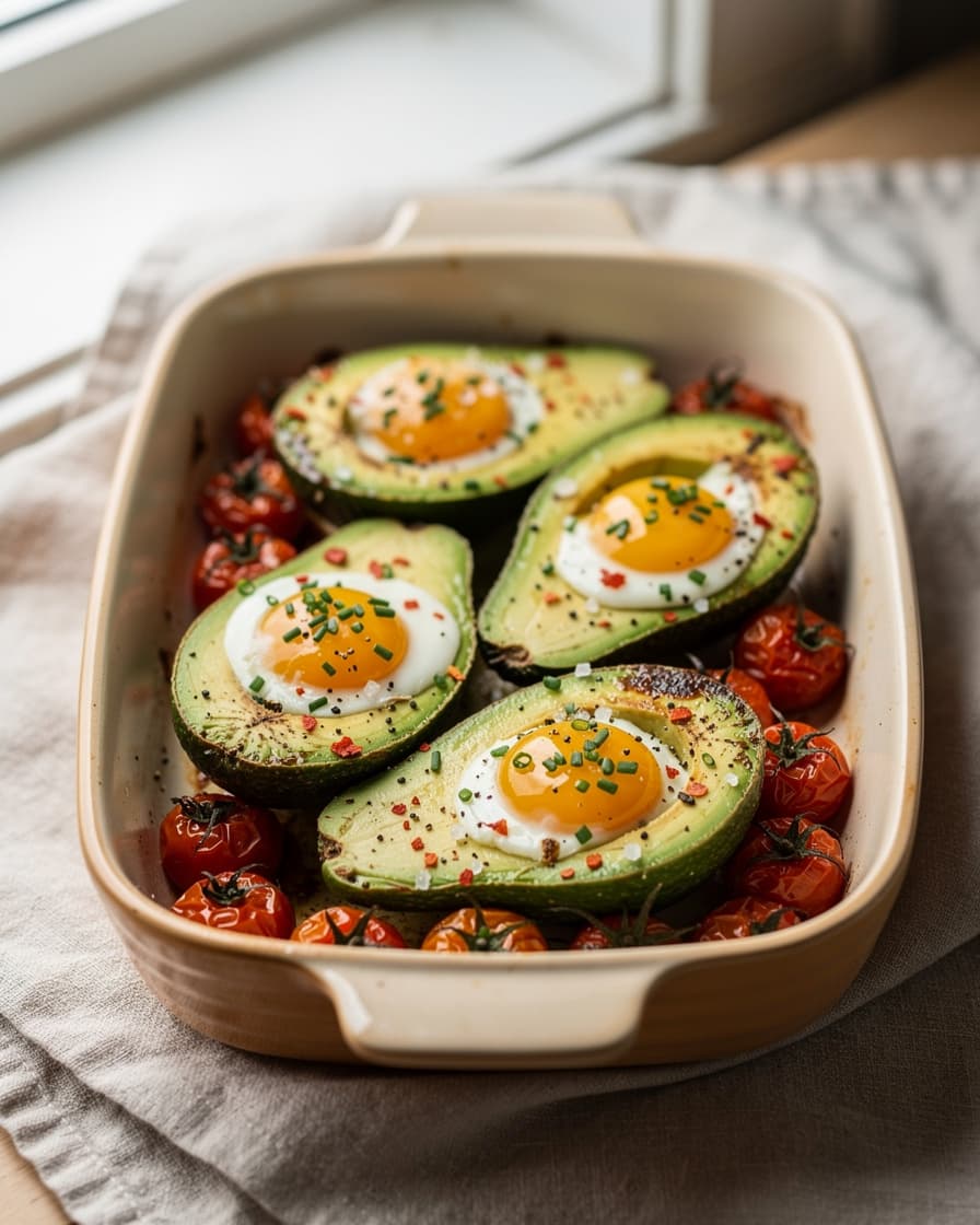 Steg 3: Toppa med hackad gräslök, flingsalt, svartpeppar och chiliflingor. Servera direkt ur formen.