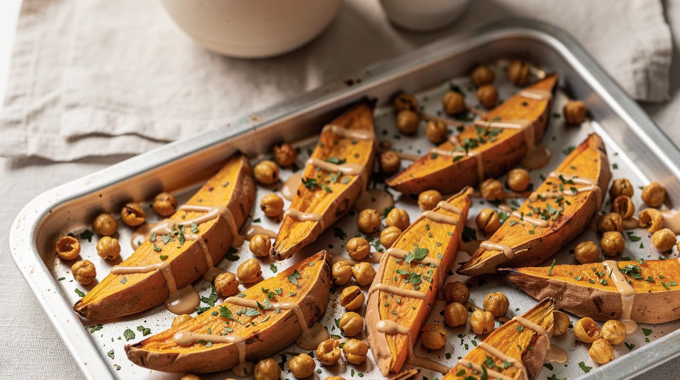 Foto: Ugnsbakad sötpotatis med kikärtor och tahini