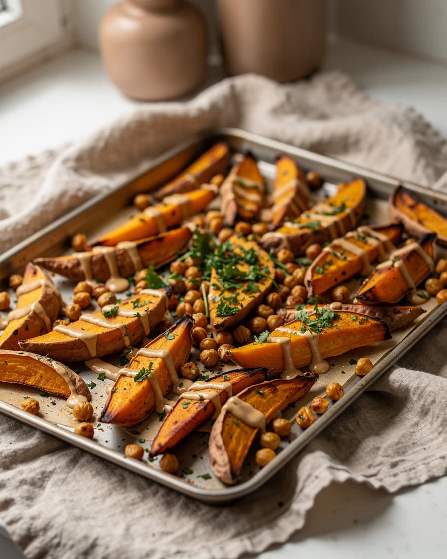 Foto: Ugnsbakad sötpotatis med kikärtor och tahini