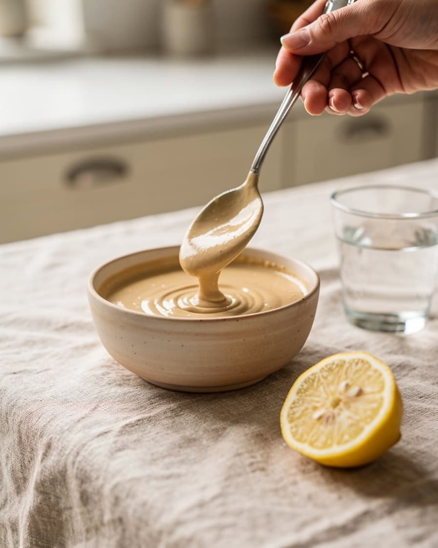 Steg 4: Rör ihop tahini, saften av en halv citron och vattnet till en slät dressing.