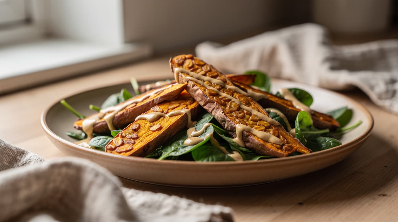 Foto: Ugnsbakad tempeh med sötpotatis och tahinisås
