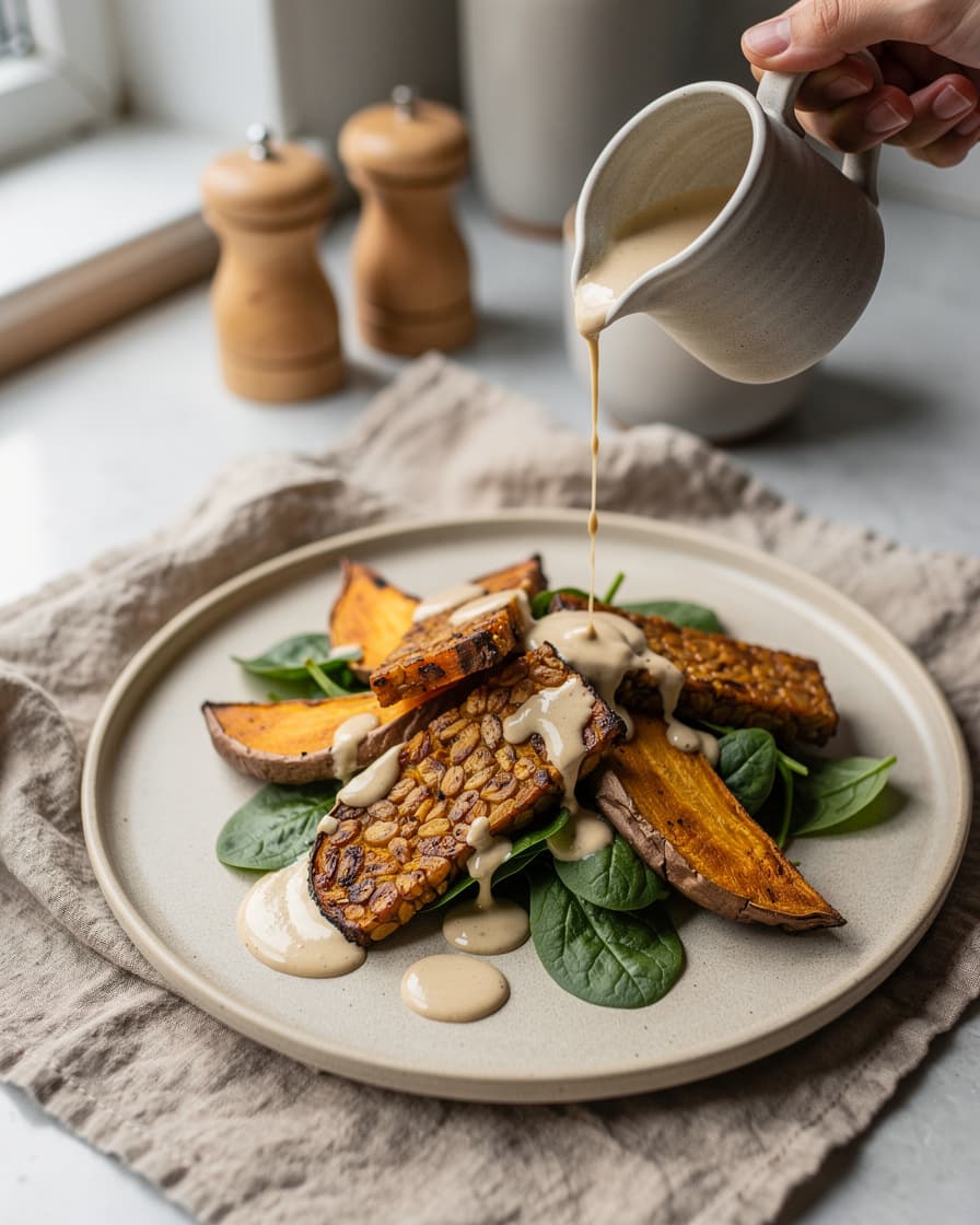 Foto: Ugnsbakad tempeh med sötpotatis och tahinisås