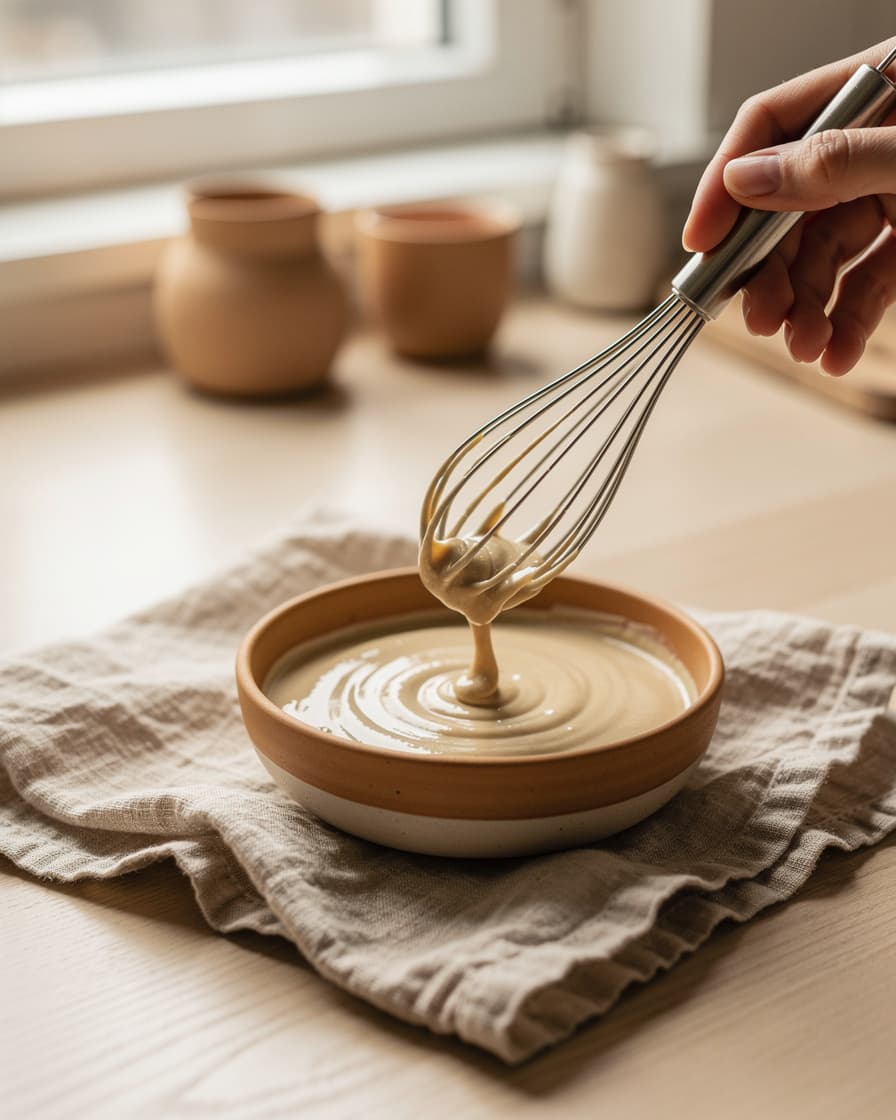 Steg 3: Rör ihop tahini, pressad citron, riven vitlök och vatten till en len sås.