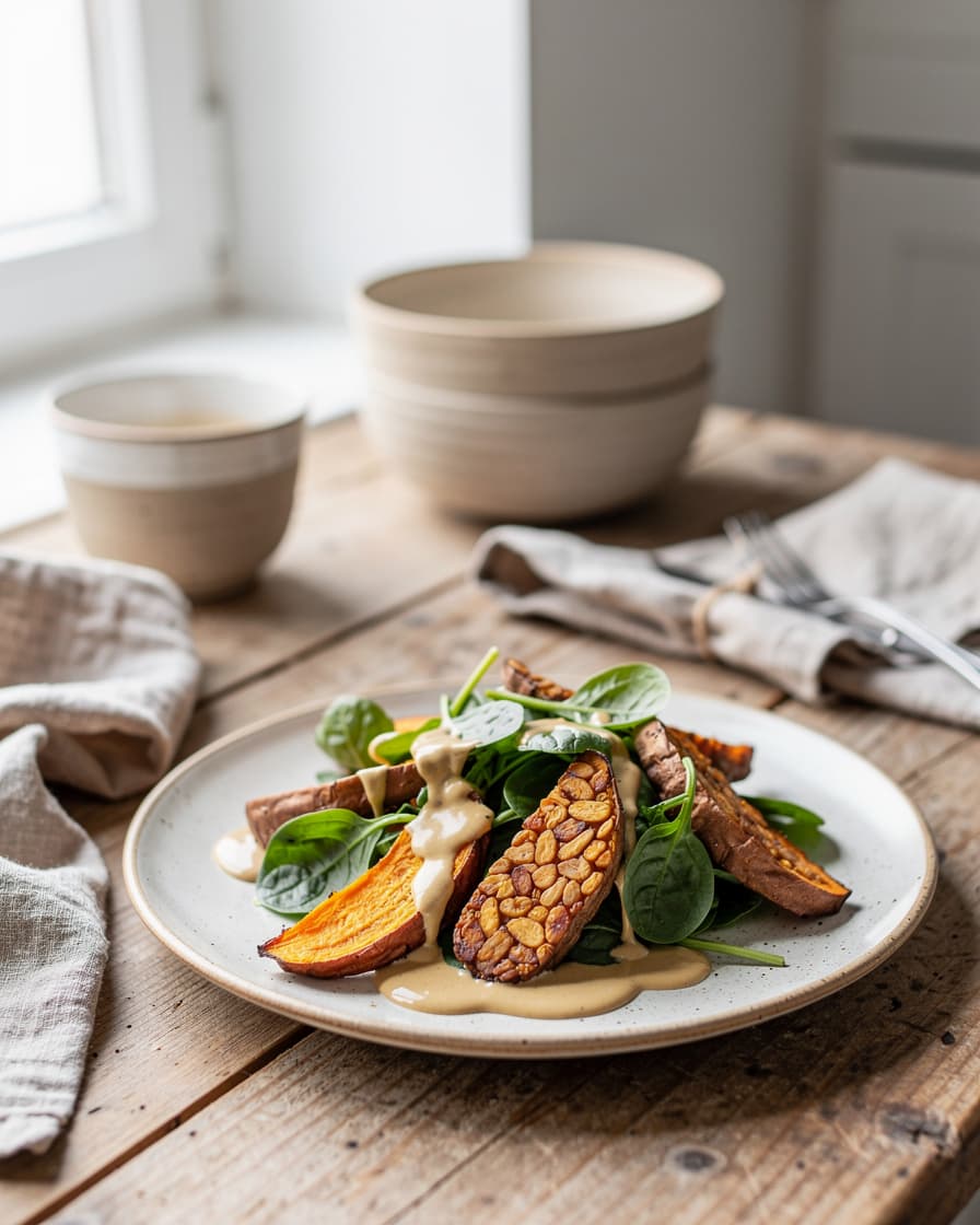 Steg 5: Lägg upp sötpotatis och tempeh på spenaten och ringla över tahinisåsen.