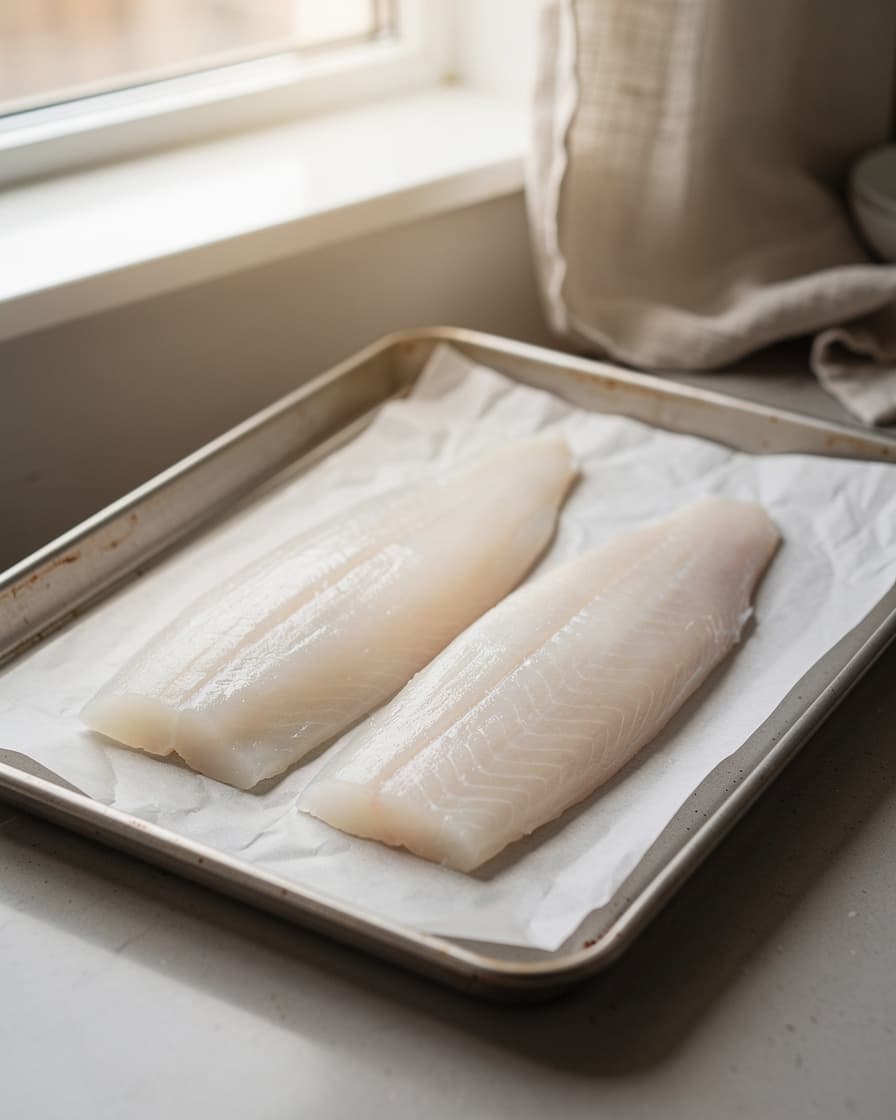 Steg 1: Sätt ugnen på 200°C. Lägg torskfiléerna på en plåt med bakplåtspapper.