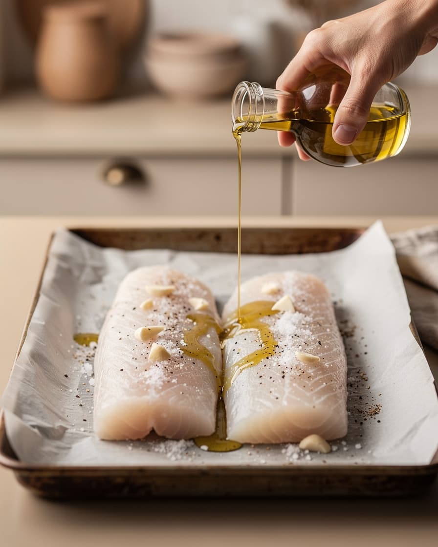 Steg 2: Ringla över olivolja och pressa på vitlök. Strö på salt och peppar.