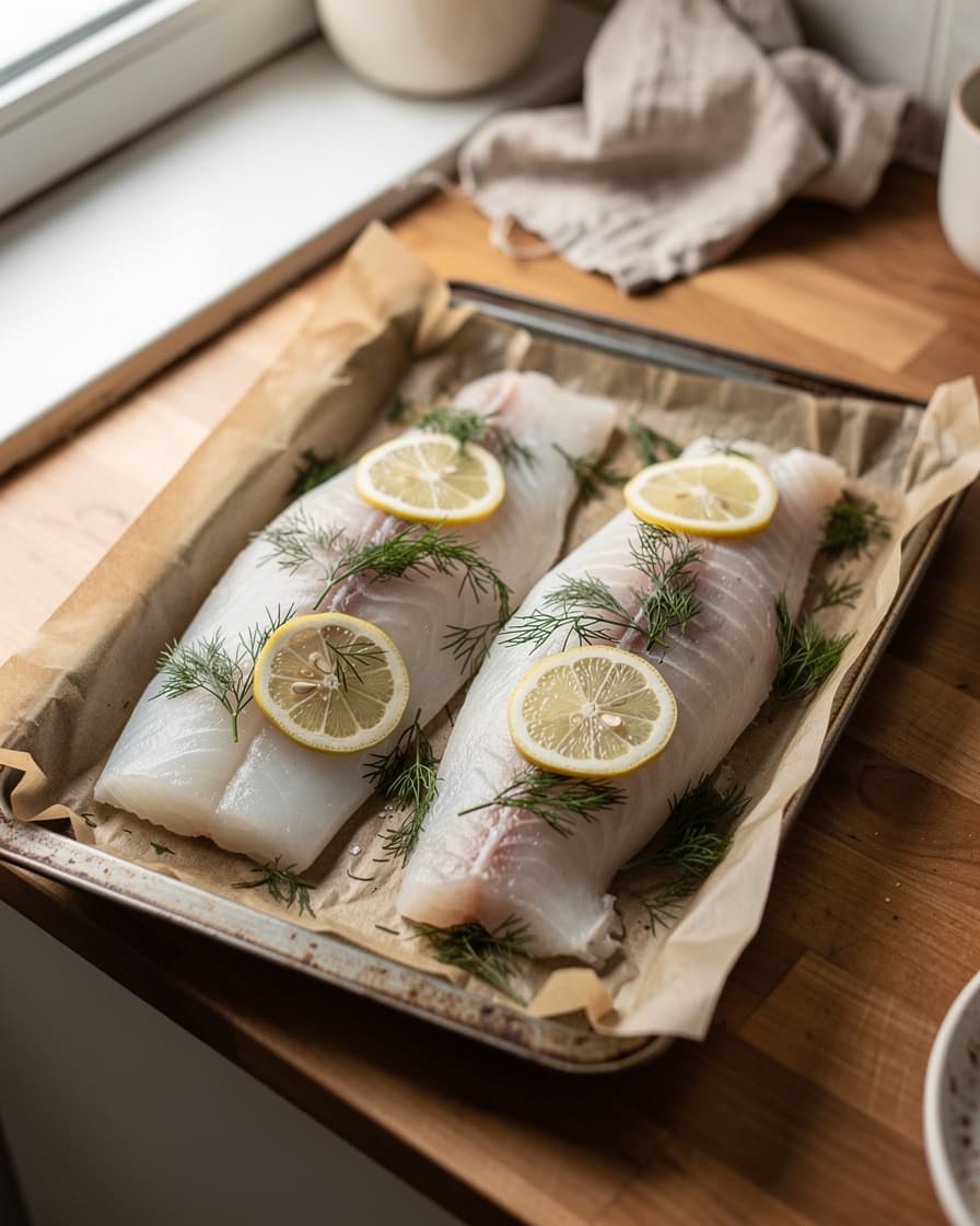Steg 3: Skiva citronen tunt. Lägg citronskivorna och dillkvistar över fisken.