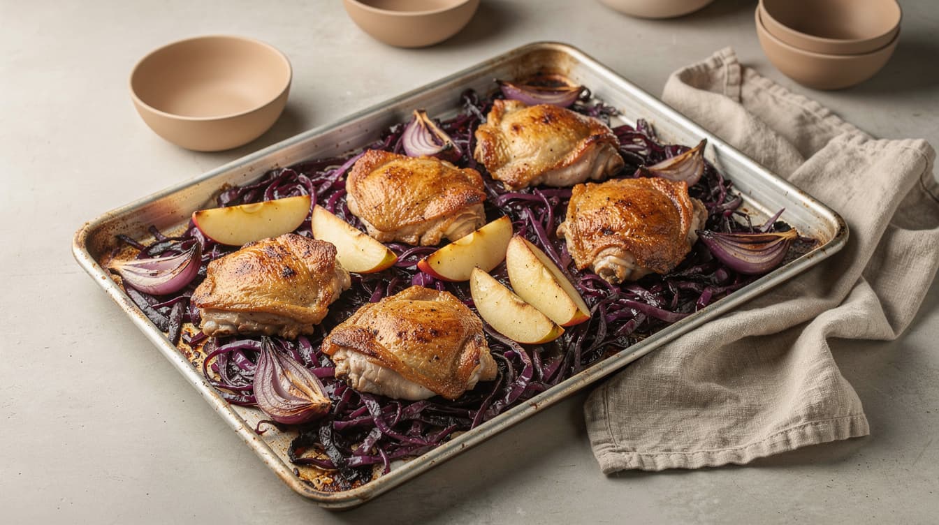 Foto: Ugnsplåt med kyckling, rödkål och äpple