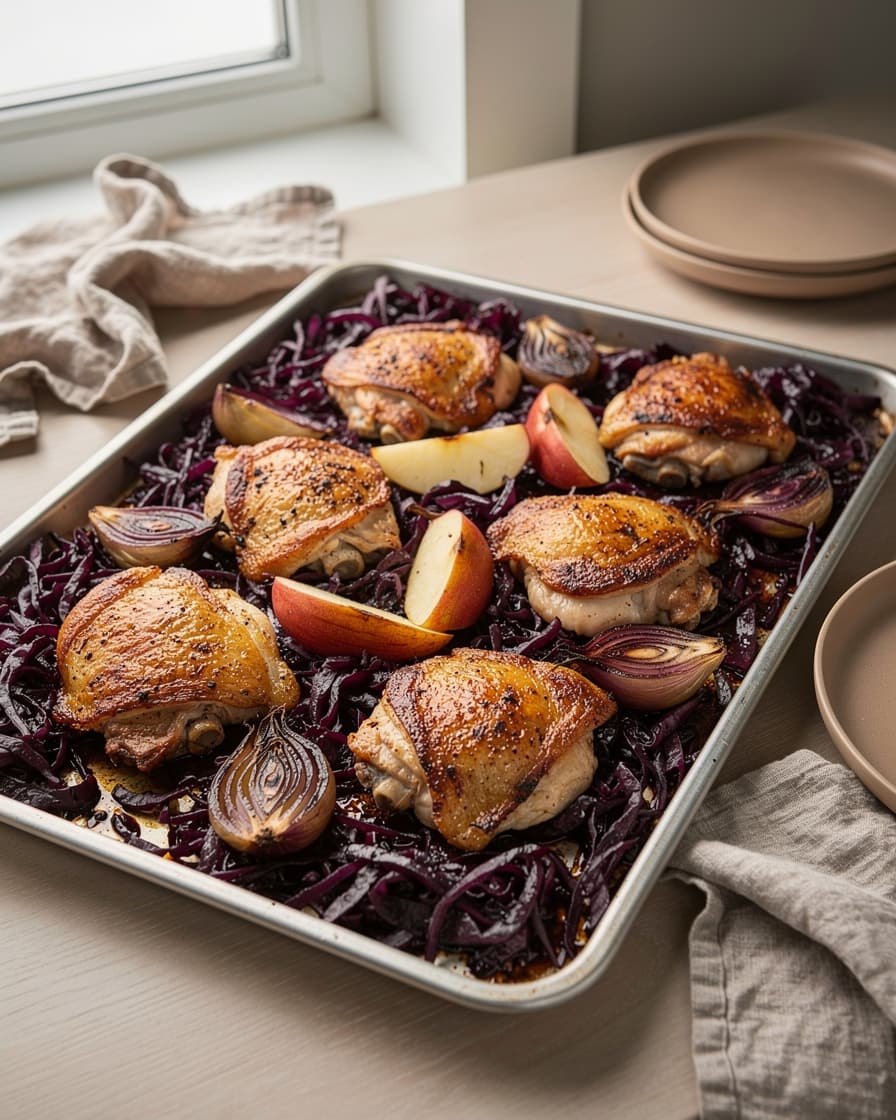 Foto: Ugnsplåt med kyckling, rödkål och äpple