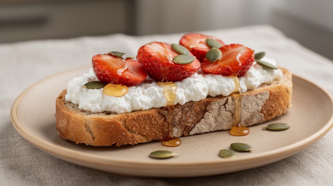 Foto: Vispad cottage cheese-toast med jordgubbar och honung