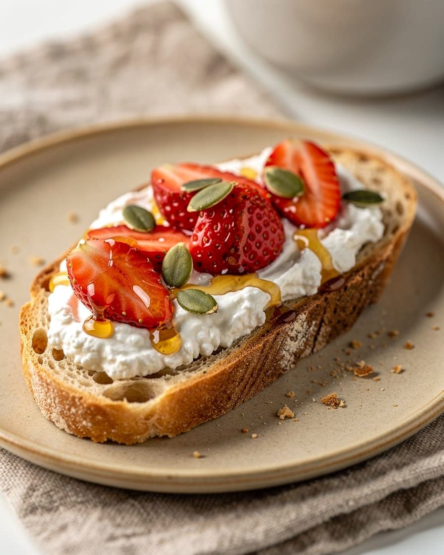 Foto: Vispad cottage cheese-toast med jordgubbar och honung