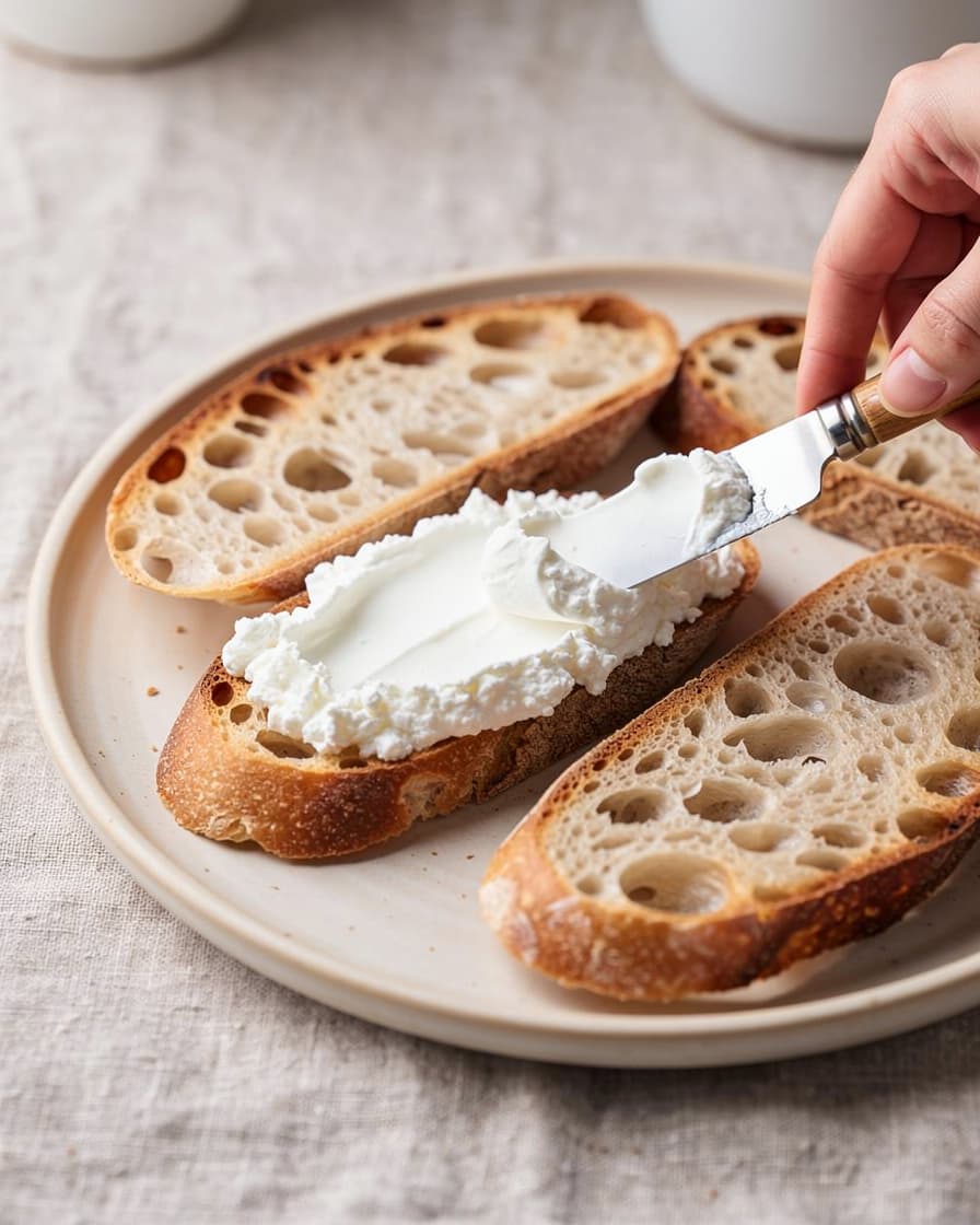 Steg 3: Bred den vispade cottage cheesen tjockt över den varma toasten.