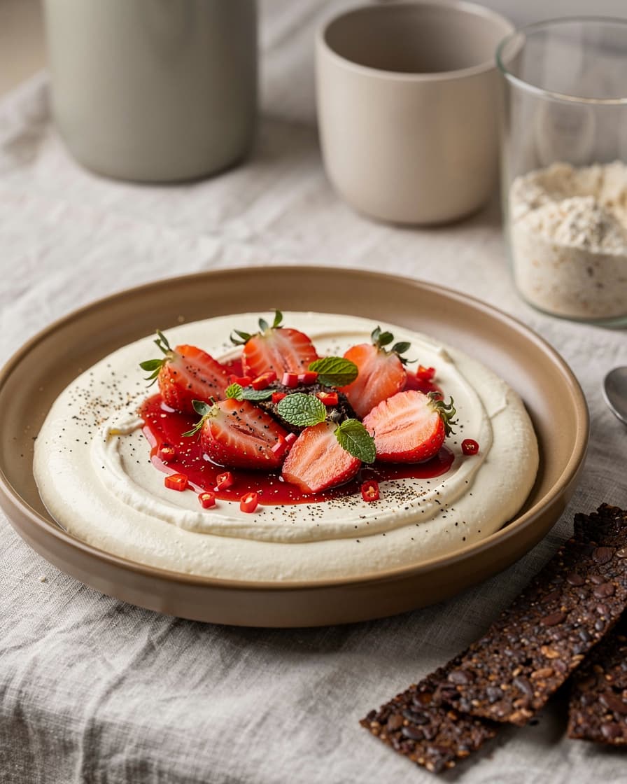 Foto: Vispad fetaost med varma jordgubbar och chilihonung
