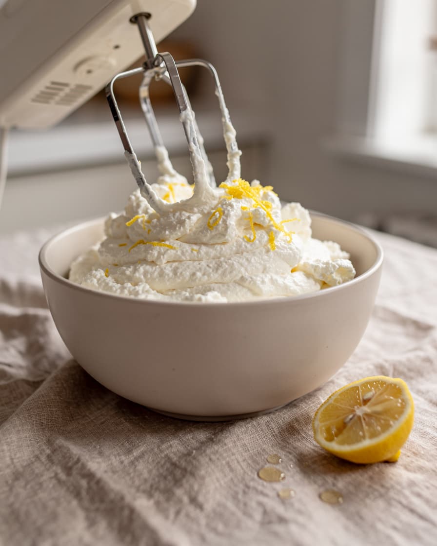 Steg 1: Riv skalet och pressa saften från citronhalvan. Vispa ricottan med citronskal och citronsaft med elvisp tills den är luftig och slät.