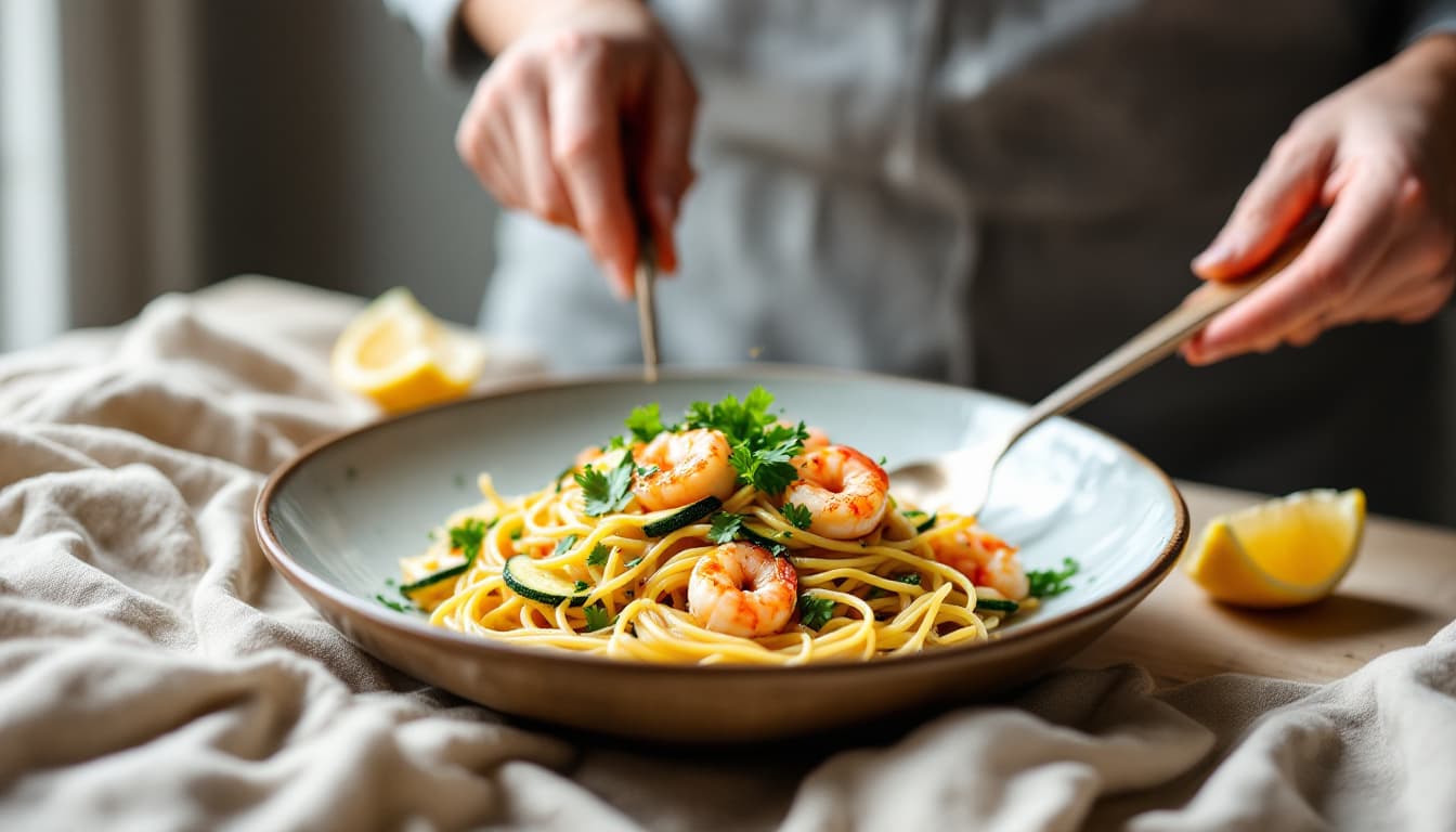 Foto: Vitlöksräkor med zucchini