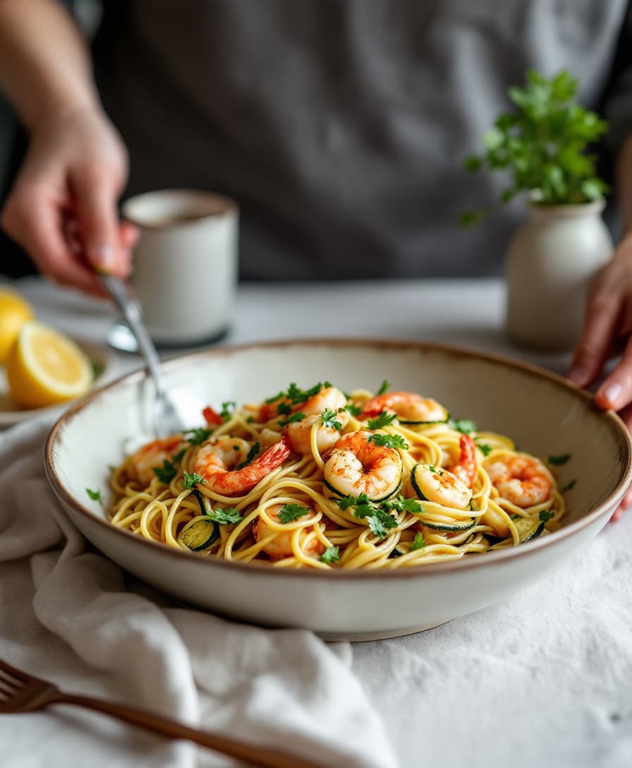 Foto: Vitlöksräkor med zucchini