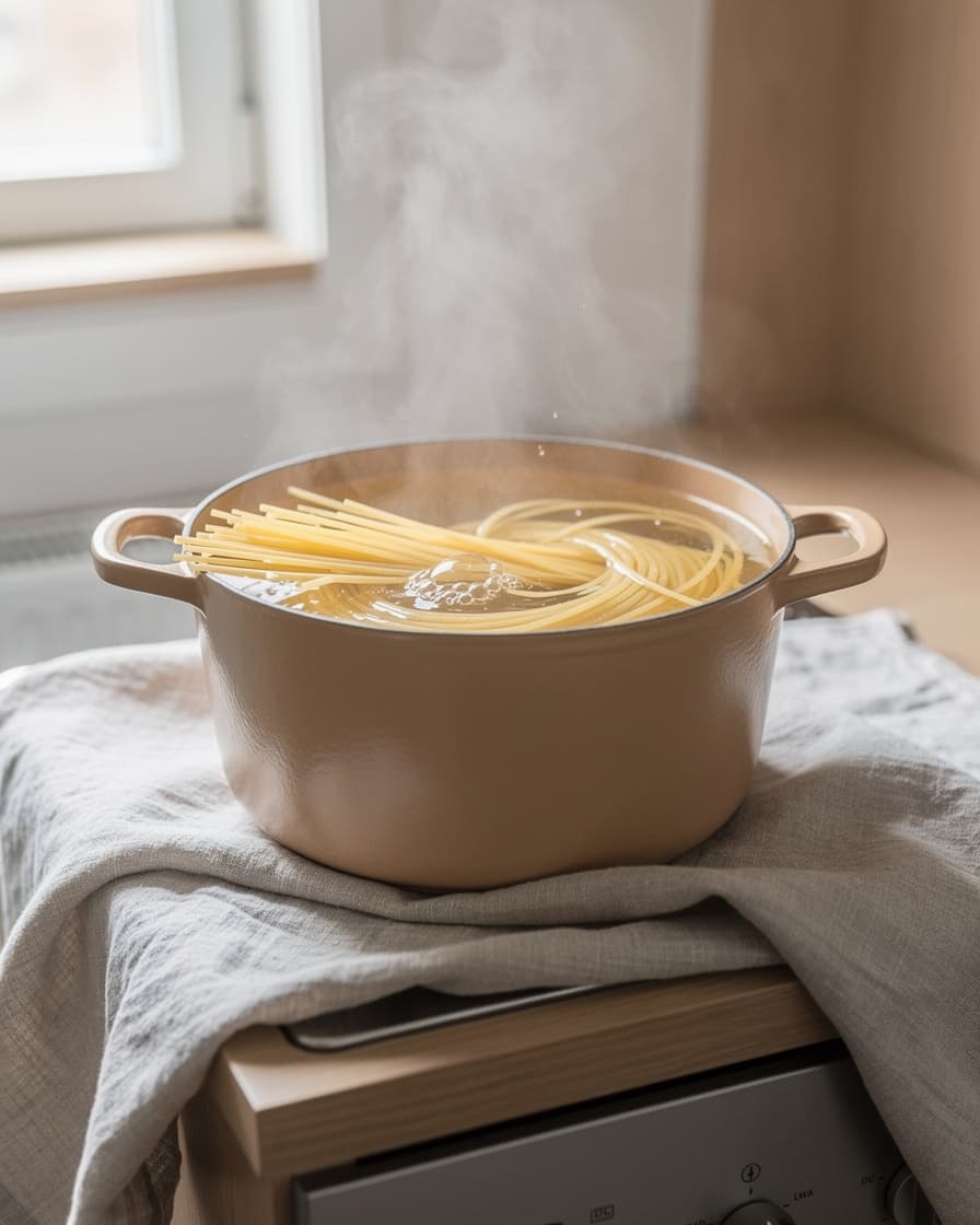 Steg 1: Koka spaghettin enligt anvisningen på paketet. Spara en skvätt av kokvattnet innan du häller av.