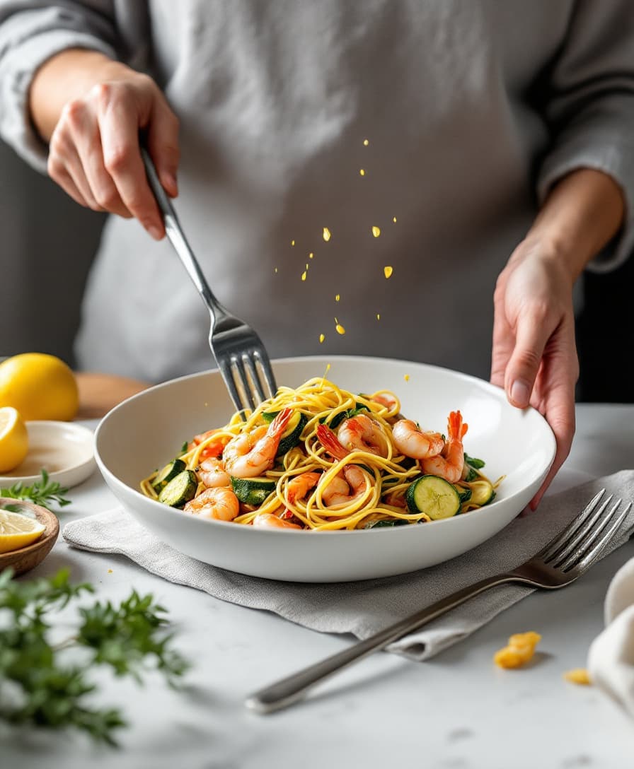 Steg 5: Vänd ner spaghettin med en skvätt kokvatten och pressa över citronen. Smaka av med salt och svartpeppar.